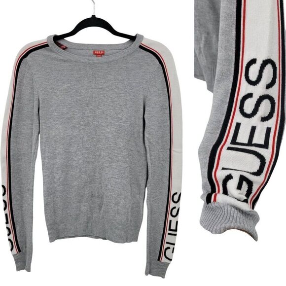 Vtg 90s Guess Womens Gray Knit Logo Spell Out Sweater Sz S Streetwear Hip Hop - Picture 1 of 7